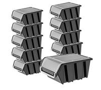 KADAX Juego de 10 cajas apilables con tapa, cajas de almacenamiento de plástico PP, en diferentes tamaños y colores, cajas de almacenamiento con solapa para pared de herramientas (negro, 155 x 100 mm)
