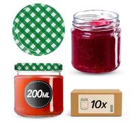KADAX Juego de 10 Tarros Pequeños de 200 ml, Botes de Cristal con Tapa Hermética de 66 mm para Miel, Conservas, Especias y Mermeladas (Cuadros Verdes)