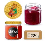KADAX Juego de 10 Tarros Pequeños de 200 ml, Botes de Cristal con Tapa Hermética de 66 mm para Miel, Conservas, Especias y Mermeladas (Winnie the Pooh)