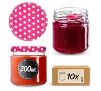 KADAX Juego de 10 Tarros Pequeños de 200 ml, Botes de Cristal con Tapa Hermética de 66 mm para Miel, Conservas, Especias y Mermeladas (Puntos Rosas)