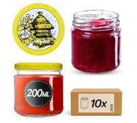 KADAX Juego de 10 Tarros Pequeños de 200 ml, Botes de Cristal con Tapa Hermética de 66 mm para Miel, Conservas, Especias y Mermeladas (Colmena)