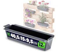 KADAX Juego de 12 jardineras para palés europeos, juego de maceteros con sistema de suspensión, 37x9 cm color antracita, para plantar y decorar, para uso en balcones y como maceteros