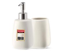 KADAX Juego de 2 piezas de baño de cerámica, accesorios de baño, dispensador de jabón, vaso de baño, jabonera y escobilla de inodoro (taza y dispensador blanco), pequeño (K8180)
