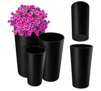 KADAX - Juego de 3 maceteros decorativos negros H 36,8/47/57,5 cm, plástico con virutas de madera, inserto extraíble - maceteros modernos para oficina o casa