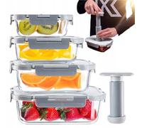 KADAX Juego de 4 recipientes al vacío de cristal (370 ml, 640 ml, 1040 ml, 1520 ml), herméticos con tapa de vacío y bomba de mano, herméticos y a prueba de fugas, cajas para cocina y congelador