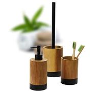 KADAX Juego de baño, dispensador de jabón, vaso para cepillos de dientes y escobilla de inodoro, accesorios de baño de polirresina resistente, imitación de madera