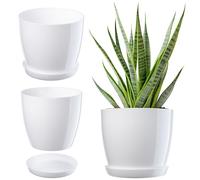 KADAX Maceta con plato, maceta redonda para interiores, elegante maceta de plástico, maceta ligera para flores y plantas para el hogar (18 cm de diámetro, color blanco)