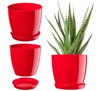 KADAX Maceta con plato, maceta redonda para interiores, elegante maceta de plástico, maceta ligera para flores y plantas para el hogar (23 cm de diámetro, color rojo)