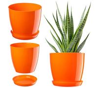 KADAX Maceta con plato, maceta redonda para interiores, elegante maceta de plástico, maceta ligera para flores y plantas para el hogar (20 cm de diámetro, color naranja)