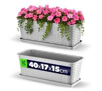 KADAX Maceta de Plástico de Imitación Ratán para Exterior, Macetero Rectangular con Platillo para Ventana, Jardinera para Balcón (Gris, 40 cm)