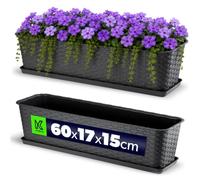 KADAX Maceta de Plástico de Imitación Ratán para Exterior, Macetero Rectangular con Platillo para Ventana, Jardinera para Balcón (Antracita, 60 cm, Aprox. 12L)