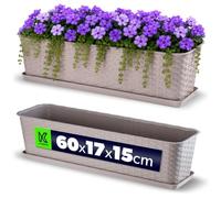 KADAX Maceta de Plástico de Imitación Ratán para Exterior, Macetero Rectangular con Platillo para Ventana, Jardinera para Balcón (Caramelo, 60 cm)