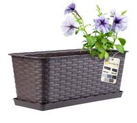 KADAX Maceta de Plástico de Imitación Ratán para Exterior, Macetero Rectangular con Platillo para Ventana, Jardinera para Balcón (Marrón, 40 cm)