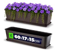 KADAX Maceta de Plástico de Imitación Ratán para Exterior, Macetero Rectangular con Platillo para Ventana, Jardinera para Balcón (Marrón, 60 cm, Aprox. 12L)