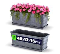 KADAX Maceta de Plástico de Imitación Ratán para Exterior, Macetero Rectangular con Platillo para Ventana, Jardinera para Balcón (Grafito, 40 cm)