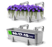KADAX Maceta de Plástico Imitación Ratán, Macetero Rectangular con Platillo y Soportes para Exterior, Jardinera Colgante para Balcón (Gris, 60 cm)