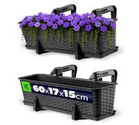 KADAX Maceta de Plástico Imitación Ratán, Macetero Rectangular con Platillo y Soportes para Exterior, Jardinera Colgante para Balcón (Antracita, 60 cm, Aprox. 12L)