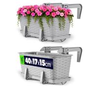 KADAX Maceta de Plástico Imitación Ratán, Macetero Rectangular con Platillo y Soportes para Exterior, Jardinera Colgante para Balcón (Gris, 40 cm)