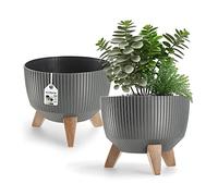 KADAX Maceta Decorativa de Plástico con Soporte Integrado, Macetero con Tres Patas de Imitación Madera para Interior y Exterior (Gris Oscuro, 29 cm)