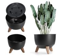 KADAX Maceta Decorativa de Plástico con Soporte Integrado, Macetero con Tres Patas de Imitación Madera para Interior y Exterior (Negro, 24 cm)