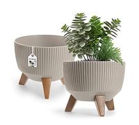 KADAX Maceta Decorativa de Plástico con Soporte Integrado, Macetero con Tres Patas de Imitación Madera para Interior y Exterior (Beige, 24 cm)