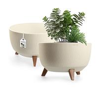 KADAX Maceta Decorativa de Plástico con Soporte Integrado, Macetero con Tres Patas de Imitación Madera para Interior y Exterior (Crema, 39.5 cm)