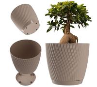 KADAX Maceta redonda de plástico con plato para plantas de interior, maceta atemporal con superficie decorativa para uso en interiores y exteriores (26 cm, color taupe)