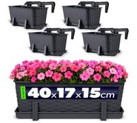 KADAX Macetas de Plástico Imitación Ratán, Maceteros Rectangulares con Platillos y Soportes para Exterior, Jardineras Colgantes (4: Antracita, 40 cm, Aprox. 28L)