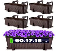 KADAX Macetas de Plástico Imitación Ratán, Maceteros Rectangulares con Platillos y Soportes para Exterior, Jardineras Colgantes (4: Marrón, 60 cm, Aprox. 48L)