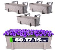 KADAX Macetas de Plástico Imitación Ratán, Maceteros Rectangulares con Platillos y Soportes para Exterior, Jardineras Colgantes (3: Caramelo, 60 cm, Aprox. 36L)