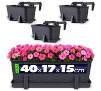 KADAX Macetas de Plástico Imitación Ratán, Maceteros Rectangulares con Platillos y Soportes para Exterior, Jardineras Colgantes (3: Antracita, 40 cm)