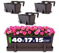 KADAX Macetas de Plástico Imitación Ratán, Maceteros Rectangulares con Platillos y Soportes para Exterior, Jardineras Colgantes (3: Marrón, 40 cm)