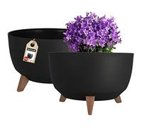 KADAX Macetas Decorativas de Plástico con Soportes, Maceteros con Patas de Imitación Madera para Interiores y Exteriores (Juego de 2: Negro, 39.5 cm)
