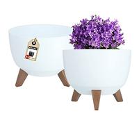 KADAX Macetas Decorativas de Plástico con Soportes, Maceteros con Patas de Imitación Madera para Interiores y Exteriores (Juego de 2: Blanco, 29 cm)