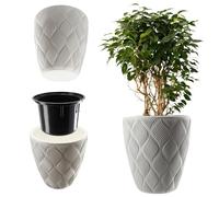 KADAX Macetero con bandeja y asas, maceta de plástico en 5 tamaños, resistente a los rayos UV, resistente a la intemperie, jarrón alto, maceta con efecto 3D (blanco 39 cm)