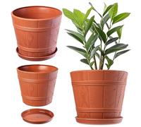 KADAX Macetero con plato, maceta para interior y exterior, aspecto de madera, de plástico, resistente a la intemperie, para flores, jardín, balcón (26 cm de diámetro, terracota)