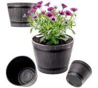 KADAX Macetero Decorativo de Plástico, Maceta Grande con Estilo Rústico de Barril de Madera para Jardín o Decoración Exterior (Marrón, 23 cm, Aprox. 4L)