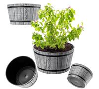 KADAX Macetero Decorativo de Plástico, Maceta Grande con Estilo Rústico de Barril de Madera para Jardín o Decoración Exterior (Gris Claro, 40 cm, Aprox. 25L)