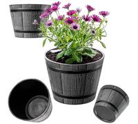 KADAX Macetero Decorativo de Plástico, Maceta Grande con Estilo Rústico de Barril de Madera para Jardín o Decoración Exterior (Gris Oscuro, 23 cm, Aprox. 4L)