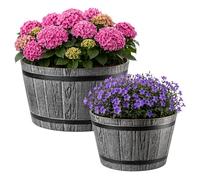 KADAX Maceteros de Plástico, Macetas Grandes con Estilo Rústico de Barril de Madera para Decoración Exterior (Gris Oscuro, Juego de 2: 30 y 40 cm, Aprox. 10-25L)