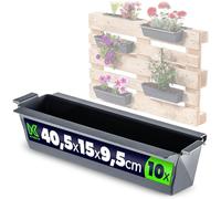 KADAX Set de 10 jardineras para palets con sistema de suspensión, 37x9 cm Antracita, para plantar y decorar como jardinera de balcón, maceta para palet europeo, inserto para maceta y maceta decorativa