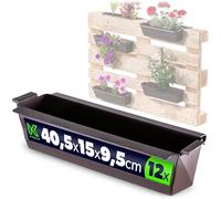 KADAX Set de 12 jardineras para paletas con sistema de suspensión, 37x9 cm Marrón, para plantar y decorar como jardinera de balcón, maceta para paleta europea, inserto para maceta y florero en