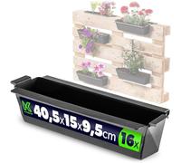KADAX Set de 16 jardineras para paletas con sistema de suspensión, 37x9 cm Negro, para plantar y decorar como jardinera de balcón, maceta para paleta europea, inserto de maceta y maceta decorativa en