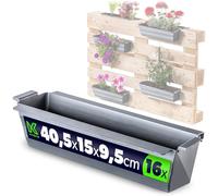 KADAX Set de 16 jardineras para paletas con sistema de suspensión, 37x9 cm plateado, para plantar y decorar como jardinera de balcón, maceta para paleta europea, inserto para maceta y florero para