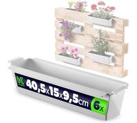 KADAX Set de 6 jardineras para paletas con sistema de suspensión, 37x9 cm Blanco, para plantar y decorar como jardinera de balcón, maceta para paleta europea, inserto para maceta y maceta decorativa