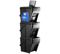 KADAX Sistema de separación de basura, cubo modular de plástico, cubo de reciclaje para cocina y baño, caja surtida, cubo de basura orgánico, clasificador de basura (3 x 25 L), Negro