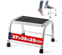 KADAX Taburete de acero, escalera doméstica de hasta 150 kg, taburete de transporte con patas antideslizantes, escalera doméstica, taburete de aluminio (1 escalón)