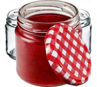 KADAX Juego de 10 Tarros Pequeños de 200 ml, Botes de Cristal con Tapa Hermética de 66 mm para Miel, Conservas, Especias y Mermeladas (Cuadros Rojos)