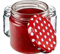 KADAX Juego de 10 Tarros Pequeños de 200 ml, Botes de Cristal con Tapa Hermética de 66 mm para Miel, Conservas, Especias y Mermeladas (Puntos Rojos)