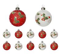Kaemingk Bolas de Navidad de cristal, 8 cm x 12 unidades, con patrón de acebo, bolas para árbol de Navidad, decoración para árbol de Navidad, color rojo y blanco
